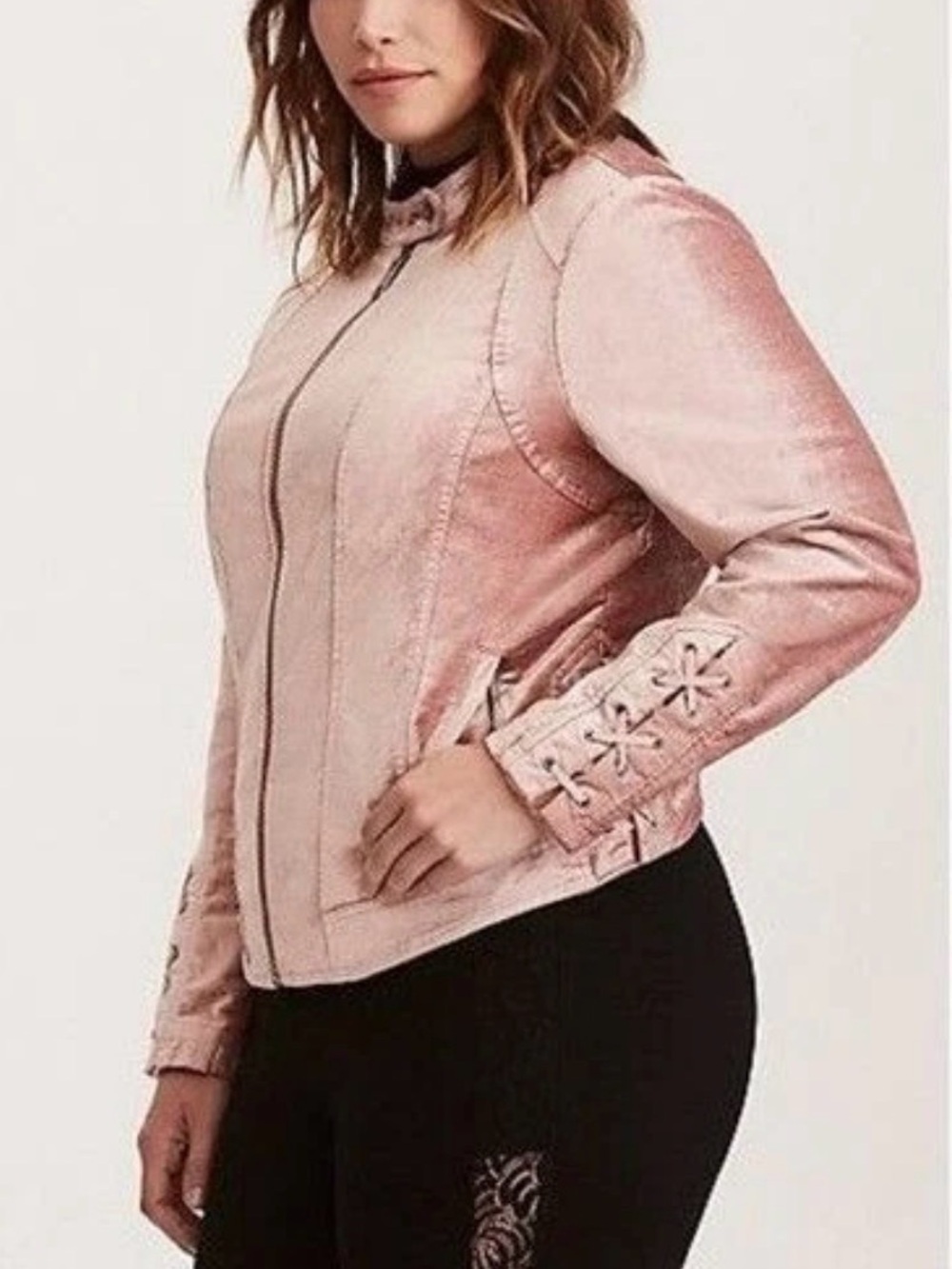 Torrid metallic dusty rose velvet moto jacket lattice lace up tie sleeves cuff 2